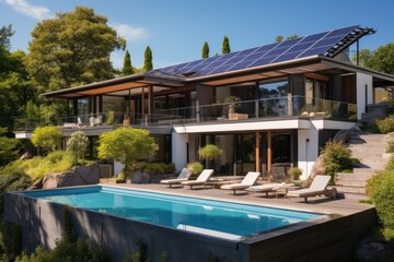 Fototapeta premium Exterior of beautiful modern house with solar panels on roof. Luxury