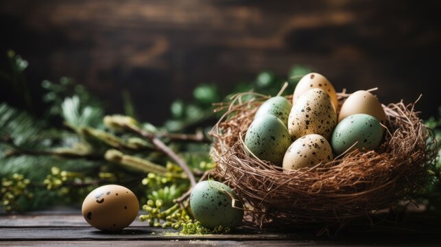 easter background - easer eggs with some twigs as decoration on a wooden