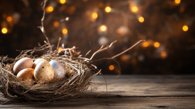 easter background - easer eggs with some twigs as decoration on a wooden