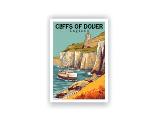 Cliffs of Dover, England. Vintage Travel Posters. Vector illustration. Famous Tourist Destinations Posters Art Prints Wall Art and Print Set Abstract Travel for Hikers Campers Living Room Decor 