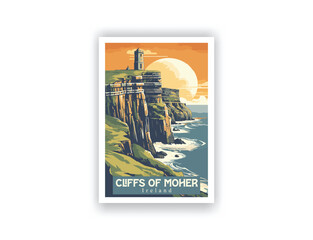Cliffs of Moher, Ireland. Vintage Travel Posters. Vector illustration. Famous Tourist Destinations Posters Art Prints Wall Art and Print Set Abstract Travel for Hikers Campers Living Room Decor