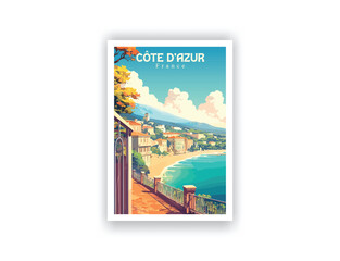 Côte d'Azur, France. Vintage Travel Posters. Vector illustration. Famous Tourist Destinations Posters Art Prints Wall Art and Print Set Abstract Travel for Hikers Campers Living Room Decor