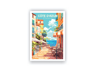 Côte d'Azur, France. Vintage Travel Posters. Vector illustration. Famous Tourist Destinations Posters Art Prints Wall Art and Print Set Abstract Travel for Hikers Campers Living Room Decor