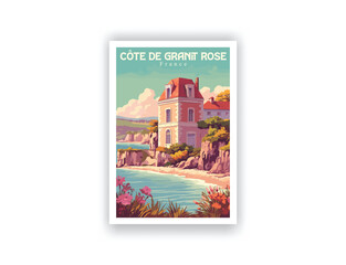 Côte de Granit Rose, France. Vintage Travel Posters. Vector illustration. Famous Tourist Destinations Posters Art Prints Wall Art and Print Set Abstract Travel for Hikers Campers Living Room Decor