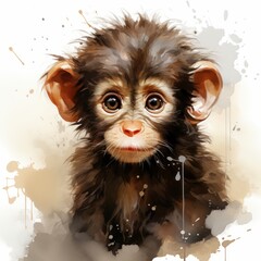 Baby Monkey Watercolor Illustration isolated background. digital illustration. Generative AI