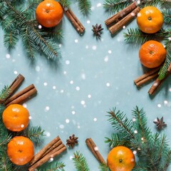Mandarins fir branches background snow Gingerbread Christmas minimalism frame balls