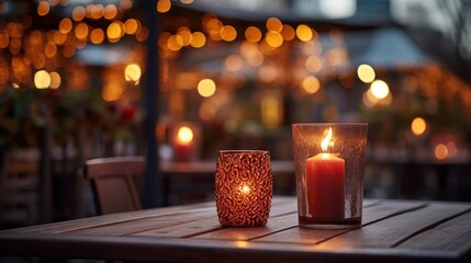 Obraz premium Candles lit at an outdoor table of a restaurant in winter. Cozy atmosphere. Selective focus. Bokeh.