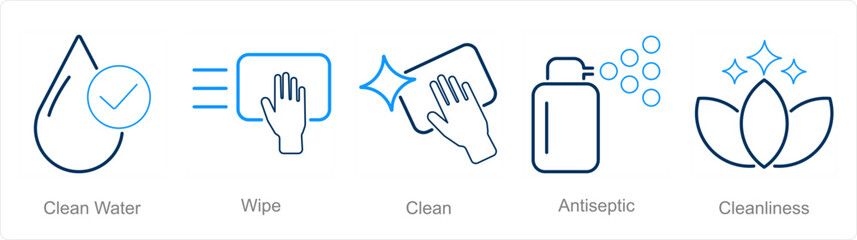 Fototapeta premium A set of 5 Hygiene icons as clean water, wipe, clean