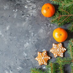 Mandarins fir branches background snow Gingerbread Christmas minimalism frame balls