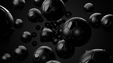 Black soccer balls on black background. 3d illustration.  © Tsurukame Design