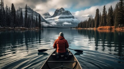 Male traveler in winter coat canoeing in Spirit Island on Maligne Lake