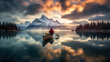 Male traveler in winter coat canoeing in Spirit Island on Maligne Lake