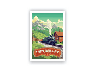 Flam Railway, Norway. Vintage Travel Posters. Vector illustration. Famous Tourist Destinations Posters Art Prints Wall Art and Print Set Abstract Travel for Hikers Campers Living Room Decor