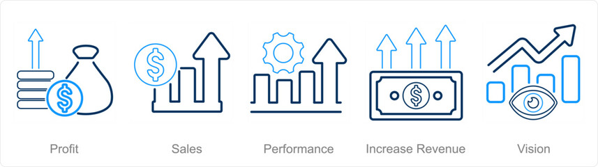 A set of 5 Increase Sale icons as profit, sales, performance