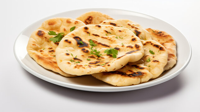 Plate with naan baked flatbread on white background