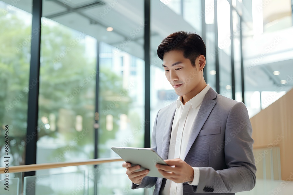 Canvas Prints Busy young Korean business man executive holding pad computer at work. East Asian male professional employee using digital tablet fintech device standing in office checking data. generative AI