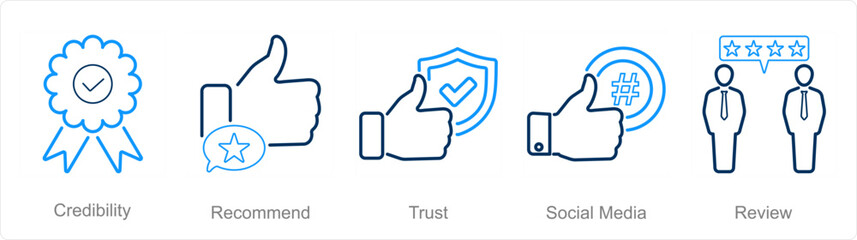 A set of 5 Influencer icons as credibility, recommend, trust