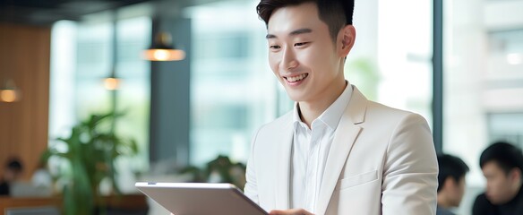 Busy young Korean business man executive holding pad computer at work. East Asian male professional employee using digital tablet fintech device standing in office checking data. generative AI