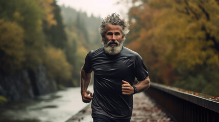 An elderly man leads an active lifestyle and goes jogging in nature. Healthy lifestyle. Happy old age and retirement. - obrazy, fototapety, plakaty