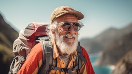 An old man travels and leads an active lifestyle. Happy old age and retirement.