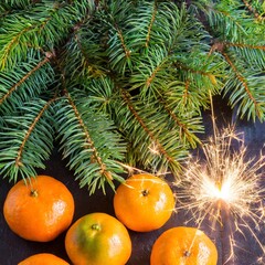 Mandarins fir branches background snow Gingerbread Christmas minimalism frame balls