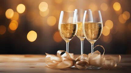two glasses of champagne with elegantly curved divine gift ribbon - obrazy, fototapety, plakaty