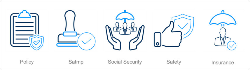 A set of 5 Insurance icons as policy, stamp, social security
