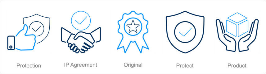 A set of 5 Intellectual Property icons as protection, ip agreement, original - obrazy, fototapety, plakaty