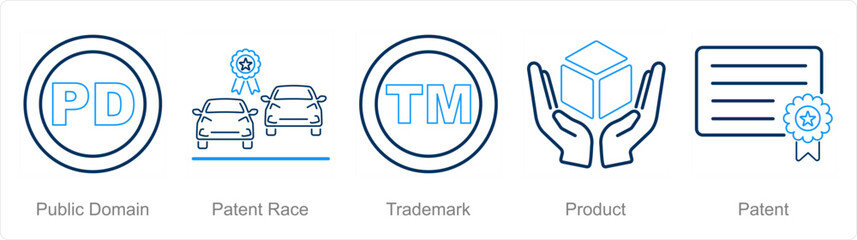 A set of 5 Intellectual Property icons as public domain, patent race, trademark