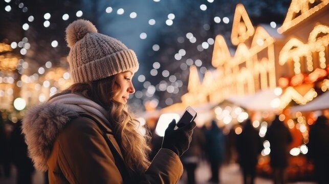 Woman Taking Pictures of European Christmas Market Scene on Smartphone. 5K