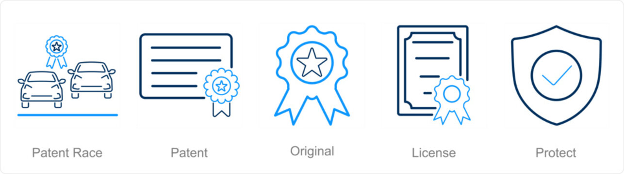 A set of 5 Intellectual Property icons as patent race, patent, original
