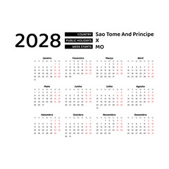 Calendar 2028 Portuguese language with Sao Tome and Principe public holidays. Week starts from Monday. Graphic design vector illustration.