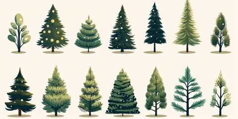 Collection of Christmas trees. Colorful vector illustration in flat cartoon style
