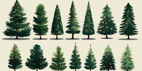 Collection of Christmas trees. Colorful vector illustration in flat cartoon style