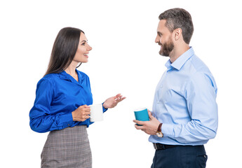 Coffee break in office. Business colleague at coffee break isolated. Businesspeople communicating with cup. Colleagues having business meeting. Corporate break of businesspeople. Exchanged ideas