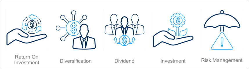 A set of 5 Investment icons as return on investment, diversification, dividend