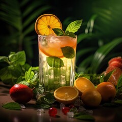 Quenching summer thirst: vibrant fruity drinks on ice, a refreshing blend of citrus, tropical flavors, and coolness for a perfect summer chill-out, deliciously tempting and visually appealing.
