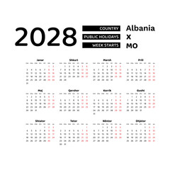 Calendar 2028 Albanian language with Albania public holidays. Week starts from Monday. Graphic design vector illustration.