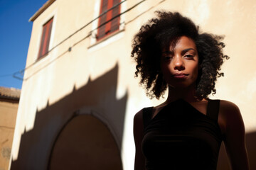 African American young woman in a Mediterranean architectural scene