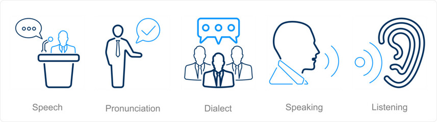 A set of 5 Language icons as speech, pronounciation, dialect - obrazy, fototapety, plakaty