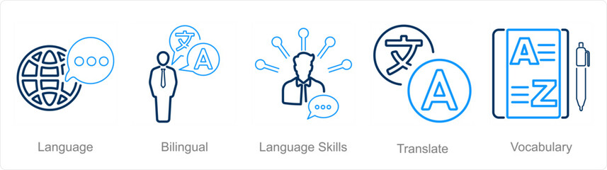 A set of 5 Language icons as language, bilingual, language skills