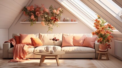 Living room interior with wooden floor, large sofa and white table. Created with Ai