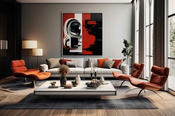 Modern living room with designed poster, sofa, chairs and table. Created with Ai