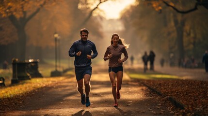 Autumn Morning Run: Couple Jogging in Misty City Park at Dawn