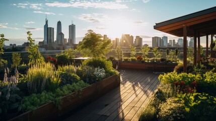Fototapeta premium Sustainable Urban Oasis: Rooftop Garden with Sunset City Skyline View