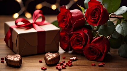 Romantic Valentine's Day Gift Setup with Red Roses and Chocolates