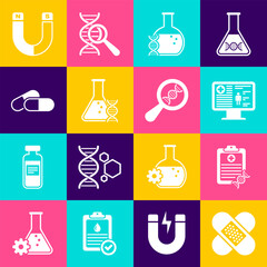 Naklejka premium Set Crossed bandage plaster, Clipboard with DNA analysis, Clinical record on monitor, research, search, and Medicine pill tablet icon. Vector