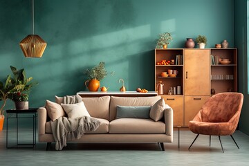 Living room interior with brown sofa, green wall, cabinets and chair. Created with Ai