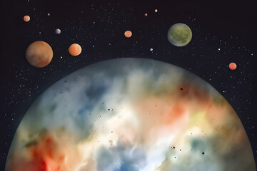 Strange planet with many moons in space orbit abstract cosmos astronomy backdrop watercolor style