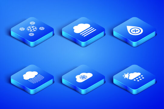 Set Cloud with snow and sun, Snow, rain, Fog cloud and Water drop percentage icon. Vector